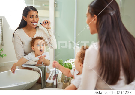 Dental, teeth and health with a mother and baby brushing teeth in the bathroom of their home together. Children, oral hygiene and healthcare with a woman and her son using a toothbrush in the morning Dental, teeth and health with a mother and baby brushing teeth in the bathroom of their home together. Children, oral hygiene and healthcare with a woman and her son using a toothbrush in the morning 123734278