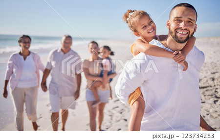 Happy, beach and father carrying his child while on family walk in sand while on vacation. Grandparents, parents and children with smile in nature by ocean together while on holiday in south africa. Happy, beach and father carrying his child while on family walk in sand while on vacation. Grandparents, parents and children with smile in nature by ocean together while on holiday in south africa. 123734283