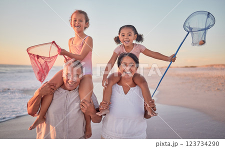 Children, grandparents and fishing with a family on the beach during summer for holiday, vacation or travel. Kids, happy and ocean with a senior man, woman and their grandkids by the sea at sunset 123734290