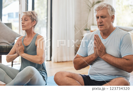Meditation, pilates and senior yoga couple work on stress relief, fitness or chakra energy training. Retirement, namaste, and elderly man and woman meditating for peace, wellness or spiritual freedom Meditation, pilates and senior yoga couple work on stress relief, fitness or chakra energy training. Retirement, namaste, and elderly man and woman meditating for peace, wellness or spiritual freedom 123734320
