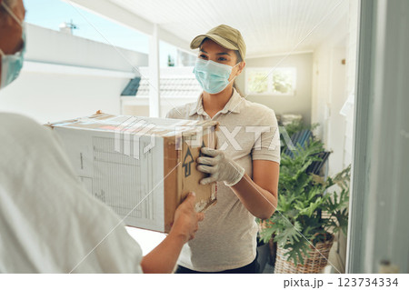Covid, delivery and courier with box and customer at front door for shipping, ecommerce and online shopping service. Logistics, retail and and supply chain with employee with face mask and package Covid, delivery and courier with box and customer at front door for shipping, ecommerce and online shopping service. Logistics, retail and and supply chain with employee with face mask and package 123734334