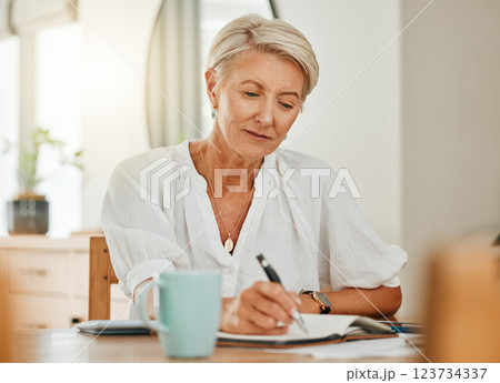 Writing, thinking and senior woman at a house making notes on notebook paper. Retirement of a serious person from Sweden think about schedule, day agenda idea or document and write ideas at home Writing, thinking and senior woman at a house making notes on notebook paper. Retirement of a serious person from Sweden think about schedule, day agenda idea or document and write ideas at home 123734337