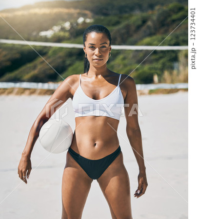 Volleyball, woman portrait and beach summer sports, fitness and training in Rio de Janeiro. Sexy, young and focus girl athlete, bikini body and sea fun ready to play ball, action and tropical game 123734401