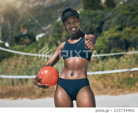 Volleyball, beach and black woman thumbs up for success, fitness winner and summer sports motivation, goal and wellness in Brazil. Happy portrait athlete celebrate, yes and like emoji for achievement 123734402