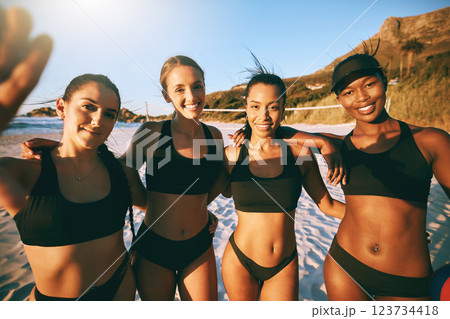 Active, selfie and team of women at beach for volleyball training on Brazil vacation for sports, fitness or games at sunset. Smile, support and summer with friends in a bikini together for workout Active, selfie and team of women at beach for volleyball training on Brazil vacation for sports, fitness or games at sunset. Smile, support and summer with friends in a bikini together for workout 123734418