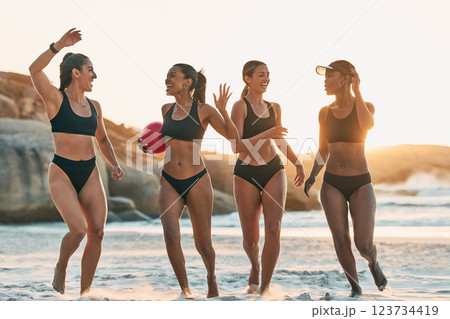 Beach volleyball, women and high five success team by Brazilian ocean, Rio de Janeiro nature sea in summer sunset. Winner sports friends, happy and support in bikini fitness workout or sand exercise 123734419