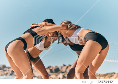 Beach volleyball, sports and women team huddle, support or collaboration. Communication, workout and fitness athletes gathering for strategy, motivation or teamwork spirit together outdoors in nature 123734421