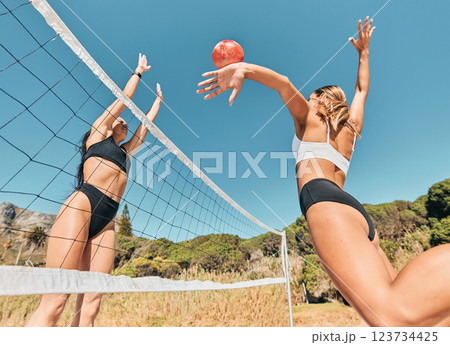 Women, beach volleyball and jump hit with ball in fitness, exercise or training competition in Miami, Florida. Sports friends or team in summer workout challenge in bikini for wellness or health game Women, beach volleyball and jump hit with ball in fitness, exercise or training competition in Miami, Florida. Sports friends or team in summer workout challenge in bikini for wellness or health game 123734425