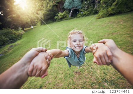 Child spinning from hands in park, pov and happy summer evening. Fun time, motion and girl in garden swinging from arms, support from dad in nature. Kids, grass and swing from hand in field in Sweden 123734441
