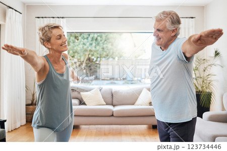 Yoga wellness in home, senior couple stretching muscles in living room and retirement wellness in Australia. Fitness training body together, healthy workout in lounge and happy relax in exercise pose 123734446