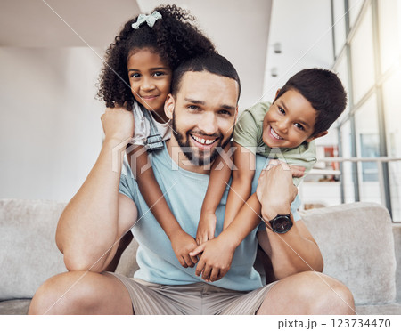Children happy, home relax and father getting hug from kids on the living room sofa of their house. Portrait of kids and dad hugging for love and happiness on the family couch in an apartment lounge Children happy, home relax and father getting hug from kids on the living room sofa of their house. Portrait of kids and dad hugging for love and happiness on the family couch in an apartment lounge 123734470