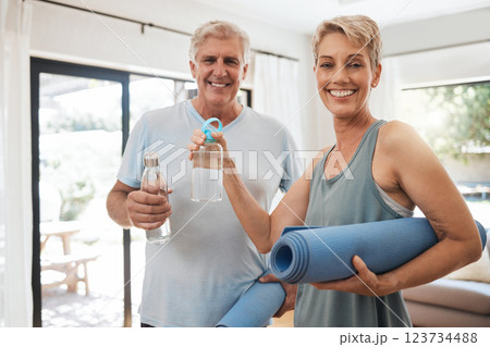 Old couple, yoga mat and water bottle in home ready for fitness, training and meditation. Zen, health and pilates exercise portrait of happy retired man and woman stretching, workout and wellness. Old couple, yoga mat and water bottle in home ready for fitness, training and meditation. Zen, health and pilates exercise portrait of happy retired man and woman stretching, workout and wellness. 123734488