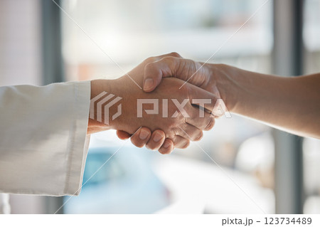 Handshake, deal and business partnership or agreement, closeup at office window. Shaking hands, thank you and a corporate welcome to new recruit or partner. Hand shake at meeting for collaboration 123734489