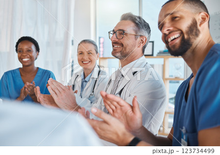 Doctors, nurses and teamwork collaboration clapping after medical presentation, healthcare meeting and hospital medicine success. Smile, happy and excited insurance men and women with winner gesture 123734499