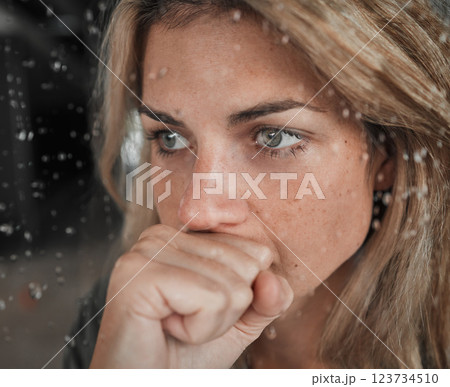 Stress, anxiety and mental health woman by window in house, home and psychology support asylum thinking while watching rain. Zoom, fear face or depression of sad, scared or burnout person in lockdown Stress, anxiety and mental health woman by window in house, home and psychology support asylum thinking while watching rain. Zoom, fear face or depression of sad, scared or burnout person in lockdown 123734510