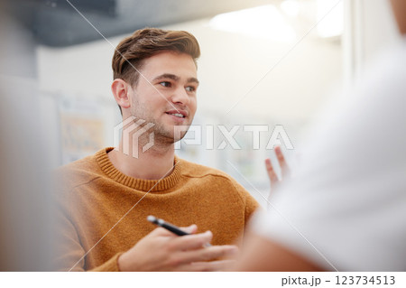 Leadership, mentor or student man presenter in workshop for education, learning or teaching in classroom. Collaboration, training or teamwork at school, college or university library for research 123734513