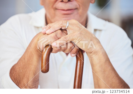 Old man hands, walking stick and disability from osteoporosis, arthritis and aging. Closeup of lonely, retirement and disabled senior widower with dementia, pain and wooden cane for support Old man hands, walking stick and disability from osteoporosis, arthritis and aging. Closeup of lonely, retirement and disabled senior widower with dementia, pain and wooden cane for support 123734514