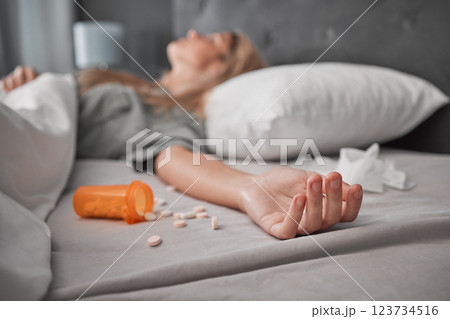 Depression, mental health and overdose with pills and woman in bedroom for anxiety, suicide and death. Sad, medicine and grief with girl lying in bed after taking drugs for pain, trauma and problem Depression, mental health and overdose with pills and woman in bedroom for anxiety, suicide and death. Sad, medicine and grief with girl lying in bed after taking drugs for pain, trauma and problem 123734516
