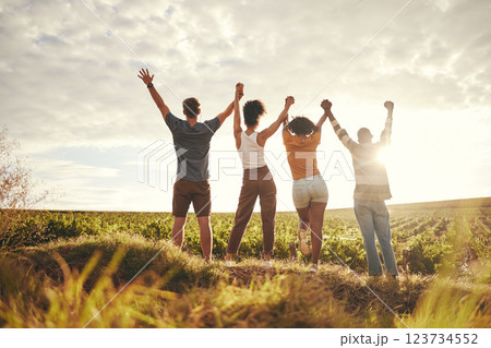 Farm, celebration and sustainability people holding hands for teamwork, earth day and growth goal achievement. Group friends celebrate ecology, farming or countryside agriculture travel in sunset Farm, celebration and sustainability people holding hands for teamwork, earth day and growth goal achievement. Group friends celebrate ecology, farming or countryside agriculture travel in sunset 123734552
