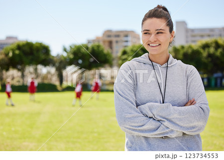 Sports, soccer and coaching with woman on football field with arms crossed for training, fitness or teamwork leadership. Motivation, support and smile with coach and kids athlete for goals and health Sports, soccer and coaching with woman on football field with arms crossed for training, fitness or teamwork leadership. Motivation, support and smile with coach and kids athlete for goals and health 123734553