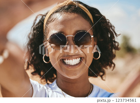 Hand frame, portrait and black woman with smile on holiday in nature of Mexico during summer. Happy African girl with hands for focus on face on vacation in the desert, park or safari to relax 123734561