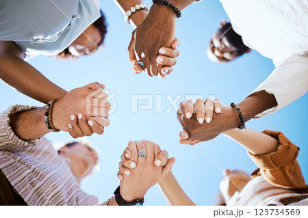 Diversity, support and people holding hands in trust and unity for community against sky background. Hand of diverse group in solidarity for united team building collaboration and teamwork success Diversity, support and people holding hands in trust and unity for community against sky background. Hand of diverse group in solidarity for united team building collaboration and teamwork success 123734569
