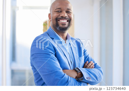 Happy, success and portrait of black man startup ceo, proud, confident and leader African business. Vision, future and businessman in Africa with leadership in corporate company with smile in office 123734640