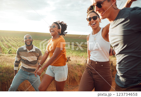 Friends, travel and happy on road trip in countryside, farm and agriculture land together for nature, relax and bonding holiday. Diversity, group and people on adventure in summer, vacation and smile Friends, travel and happy on road trip in countryside, farm and agriculture land together for nature, relax and bonding holiday. Diversity, group and people on adventure in summer, vacation and smile 123734658