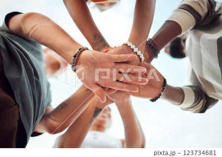 Support, community and teamwork with hands of friends from bottom for goals, vision or networking together. Motivation, collaboration and growth with circle of people for mindset, mission or contact Support, community and teamwork with hands of friends from bottom for goals, vision or networking together. Motivation, collaboration and growth with circle of people for mindset, mission or contact 123734681