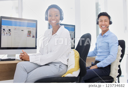 Crm customer support staff and web help worker diversity on an office consultation. Portrait of happy internet call center employees working in a contact us company doing digital tech consulting Crm customer support staff and web help worker diversity on an office consultation. Portrait of happy internet call center employees working in a contact us company doing digital tech consulting 123734682
