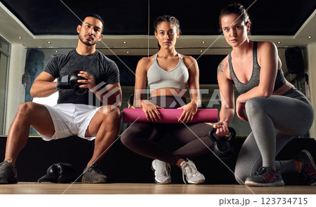 Portrait, fitness and team with people in gym for workout class, challenge and health. Exercise, sports center and wellness with friends and training in studio for strong, athlete and cardio Portrait, fitness and team with people in gym for workout class, challenge and health. Exercise, sports center and wellness with friends and training in studio for strong, athlete and cardio 123734715