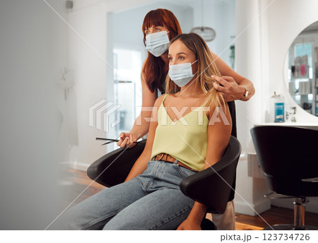 Covid, hairdresser and woman in hair salon getting haircut looking in mirror. Hairdressing, hair care and beauty business in covid 19 crisis. Woman with scissors to cut hair of client with face mask 123734726