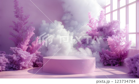 Modern round podium display in a shimmering purple space surrounded by glittering fog and vibrant flora highlights a trendy showcase design 123734784