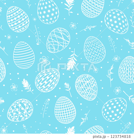 Seamless pattern background with Easter eggs, leaves and flowers. Vector illustration 123734818