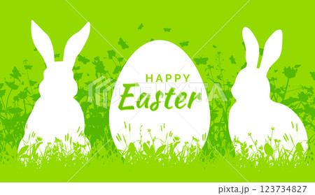 Happy Easter greeting card with Easter egg and bunnies 123734827
