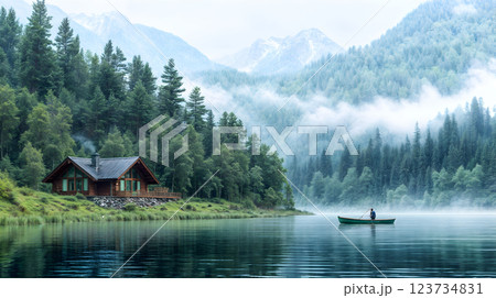 Tranquil morning at a lakeside cabin with mist rising in the mountains and a lone person fishing in a green boat 123734831