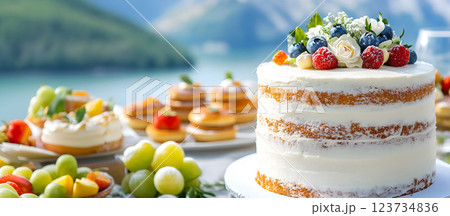 Delicious dessert table with a layered cake and assorted pastries by the serene lake during a sunny afternoon gathering 123734836