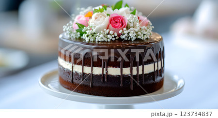 Beautiful chocolate cake adorned with fresh flowers for a special celebration, showcasing rich layers and elegant decorations 123734837