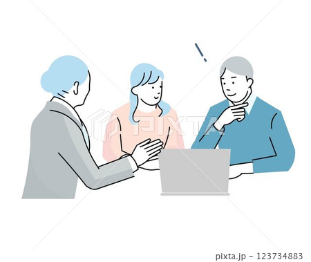女性アドバイザーに相談する夫婦ー相談ー打ち合わせーアドバイスのビジネスシーンのベクターイラスト素材 123734883