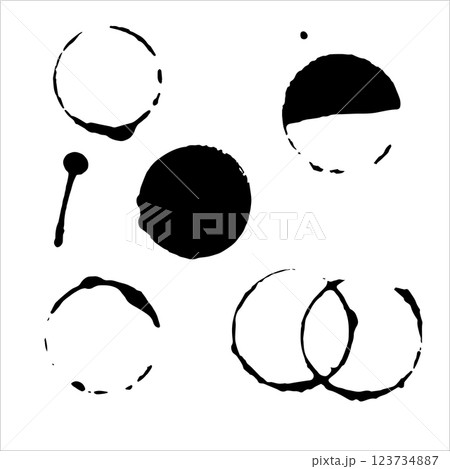 Set of round paint prints. Vector illustration of round ink strokes. Circles template for logo or icon. Black paint splashes isolated on white background. Liquid splatter and abstract stain 123734887