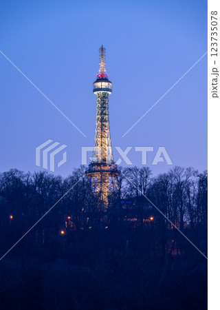 Petrin lookout steel framework tower built in 1891, resembling small Eiffel Tower, on Petrin hill in Prague, Czech Republic Petrin lookout steel framework tower built in 1891, resembling small Eiffel Tower, on Petrin hill in Prague, Czech Republic 123735078