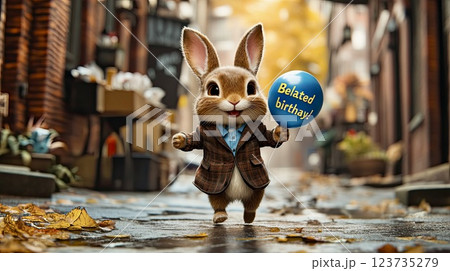 Birthday greeting card featuring a happy mister rabbit runs down the street, holding a blue balloon with the text belated Birthday. Cute and cheerful photo for birthday celebrations 123735279