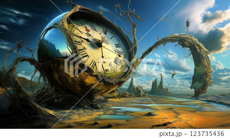 Surreal display of a melting clock in desolate landscape with twisted elements 123735436