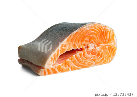 Fresh raw salmon or trout steak, fillet isolated on white background, seafood, food ingredient Fresh raw salmon or trout steak, fillet isolated on white background, seafood, food ingredient 123735437
