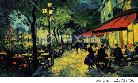 Evening gathering at a charming outdoor cafe illuminated by warm lamplight in a bustling city park 123735456