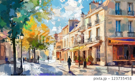 Vibrant street view of a charming neighborhood in autumn showcasing colorful trees 123735458