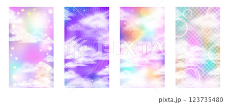 A collection of dreamy abstract backgrounds featuring soft clouds, sparkles, and pastel gradients in pink, blue, and purple tones. Some designs include transparent overlays, bokeh effects, and a Y2K 123735480
