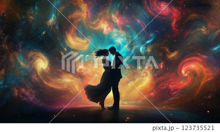 Couple dancing under swirling galaxies with vibrant colors in a cosmic setting 123735521