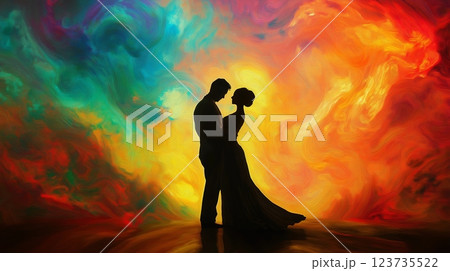 Couple dancing under swirling galaxies with vibrant colors in a cosmic setting 123735522