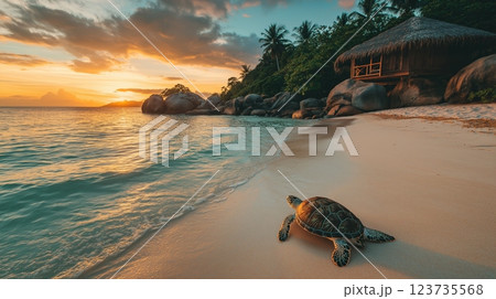 Tropical island beach view with a house and turtle swimming in clear waters near at sunset 123735568